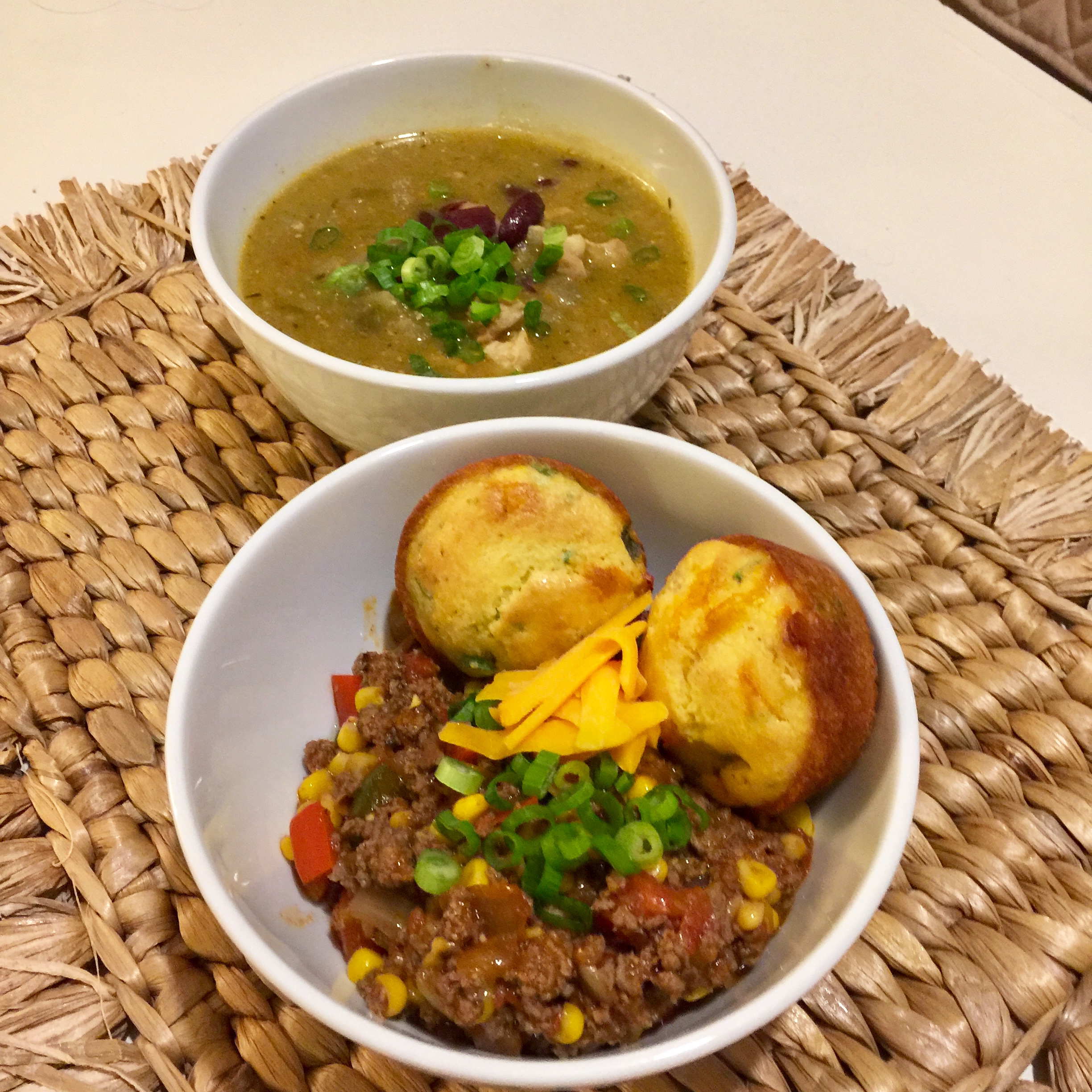 Pork verde chili served with cornbread